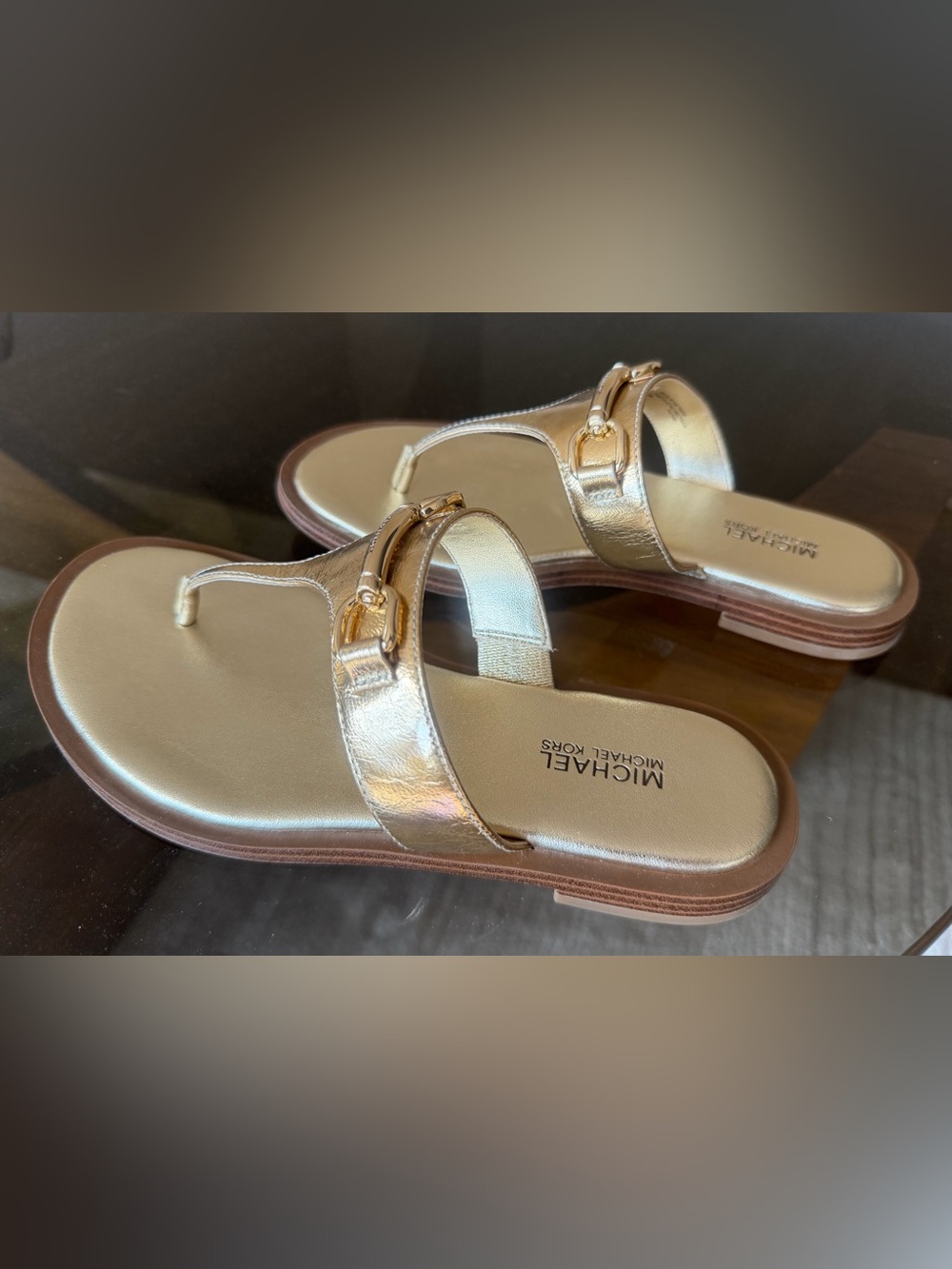 Michael Kors Metallic Gold Leather Buckle Slide Sandals